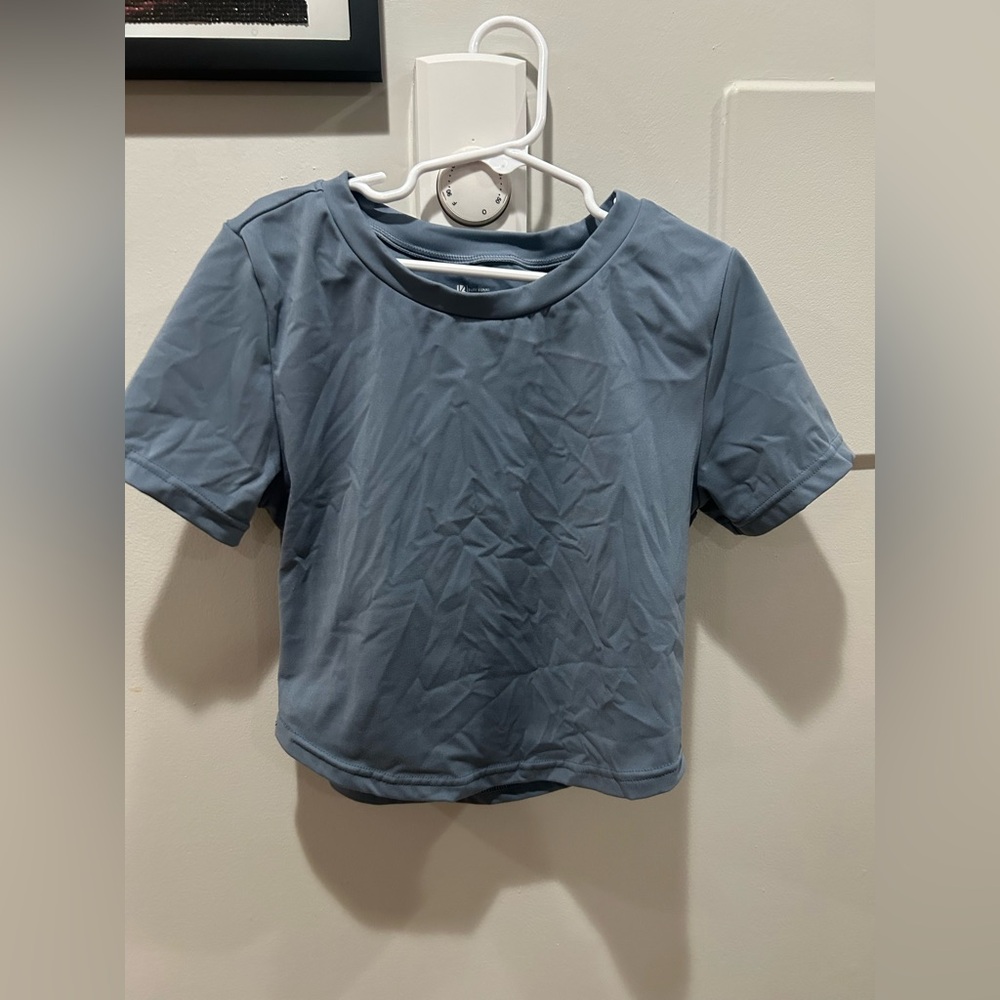 BuffBunny Collection Gray Blue Athletic T Shirt Top Cropped Activewear Medium